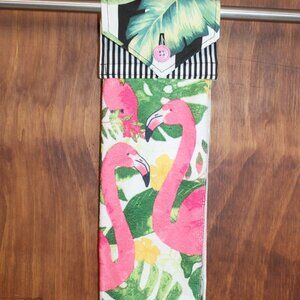 FLAMINGO PRINT PINK & GREEN STRIPED PALMS HANDMADE HANGING KITCHEN HAND TOWEL